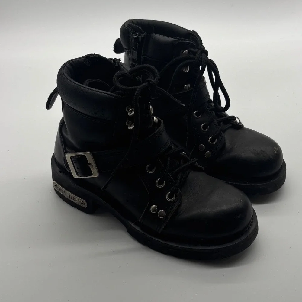 Ride Tecs Mens Black Leather Motorcycle Boots Lace Up Side Zip Lug Sole size 6